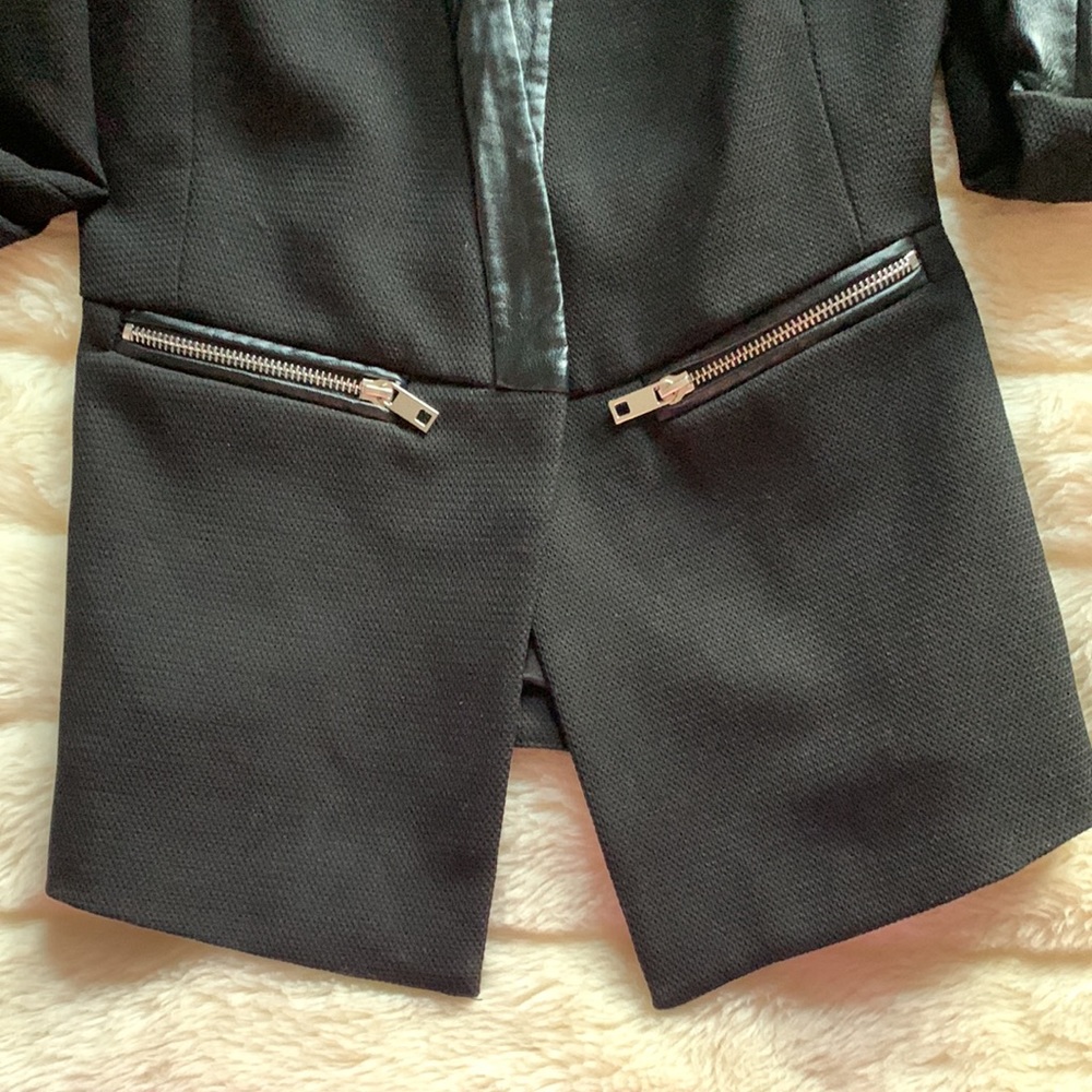 Y2K Black leather trim zippered biker sleeve WRAP blazer Coat Jacket XS S - Picture 12 of 16